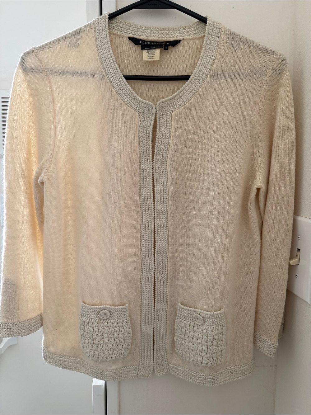 BCBGMaxAzria Cream Open-Front Cardigan with Crochet Pockets